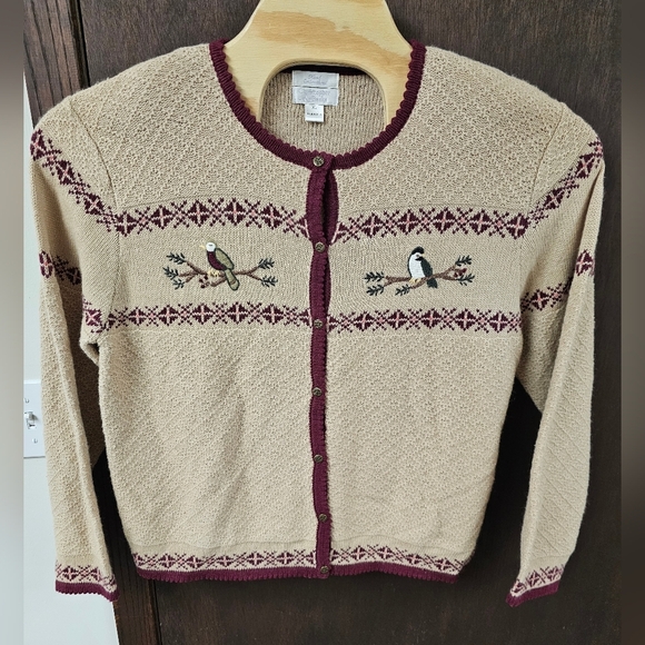 Vtg 80’s Christopher & Banks Tan Wool Ramie Embroidery Bird Cardigan Sz XL - Picture 2 of 9